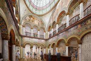 A conceptual rendering displays reconfigured space, restored murals, and a recreated glass dome in the Altgeld Hall library foyer. (Image by CannonDesign.) 